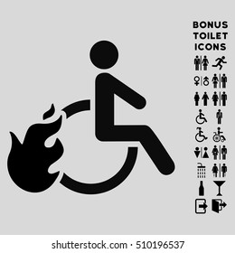 Fired Disabled Person icon and bonus male and female restroom symbols. Vector illustration style is flat iconic symbols, black color, light gray background.
