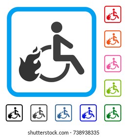 Fired Disabled Person icon. Flat grey pictogram symbol inside a light blue rounded squared frame. Black, gray, green, blue, red, orange color variants of Fired Disabled Person vector.