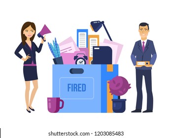 Fired, dismissal from work. Head manager, woman dismisses man office worker cartoon character person, with documents. Unemployment, crisis, job cuts reduction, loss of vacancy. Vector illustration.