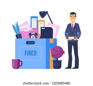 Fired, dismissal from work. Unemployment, crisis, job cuts reduction, loss of vacancy. Fired sad man next to box with his things. Dismissal, jobless, job reduction for employee. Vector illustration.