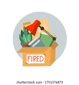 Fired, dismissal from work. Unemployment, crisis, job cuts reduction. Loss of vacancy. Dismissal, jobless, job reduction for employee. Flat vector illustration.