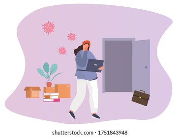 Fired and Dismissed Character From Job during Quarantine. Loss Job from Coronavirus. Dismissal Due to Pandemic. Woman with Box of Things Fired From Work in Office. Flat Vector illustration 