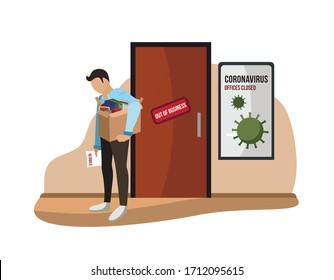 Despidió y despidió a un hombre del trabajo. Despido, despido, despido, cese en caso de coronavirus o virus COVID-19. Prestación por desempleo. El jefe despidió al empleado. Ilustración vectorial plana.