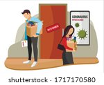 Fired and dismissed people from job. Dismissal, severance, termination in case of coronavirus or virus COVID-19. Unemployed jobless benefit. Boss dismissed employee. Cartoon vector illustration.