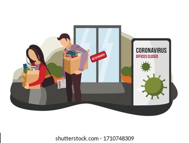 Fired And Dismissed People From Job. Dismissal, Layoff, Severance, Termination In Case Of Coronavirus Or Virus COVID-19. Unemployed Jobless Benefit. Boss Dismissed Employee. Flat Vector Illustration.