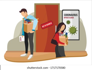 Fired And Dismissed People From Job. Dismissal, Severance, Termination In Case Of Coronavirus Or Virus COVID-19. Unemployed Jobless Benefit. Boss Dismissed Employee. Cartoon Vector Illustration.