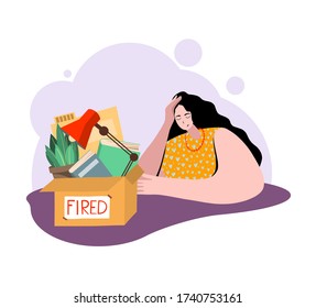 Fired and dismissed sad girl from job. Dismissal, layoff, severance, termination in case of coronavirus or virus Covid-19. Unemployed jobless benefit. Boss dismissed employee. Flat vector illustration