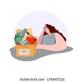 Fired and dismissed sad girl from job. Dismissal, layoff, severance, termination in case of coronavirus or virus Covid-19. Unemployed jobless benefit. Boss dismissed employee. Flat vector illustration