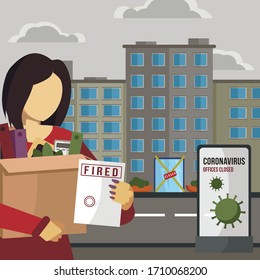 Fired and dismissed woman from job. Dismissal, layoff, severance, termination in case of coronavirus or virus COVID-19. Unemployed jobless benefit. Boss dismissed employee. Flat vector illustration.