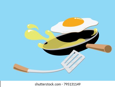 Fired Egg Fly In A Pan. Cooking Process Vector Illustration.