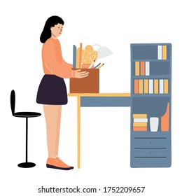 Fired employee collect her stuff to leave the office. Dismissed woman and a box. Worker is sad and unhappy. Job loss concept.  Vector illustration isolated on white.