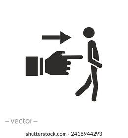 fired employee gesture icon, expel a person, pushing man for exit, flat symbol on white background - vector illustration