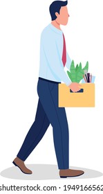 Fired employee holding cardboard box flat color vector faceless character. Employment problem. Resigned, unemployed manager isolated cartoon illustration for web graphic design and animation