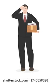 Fired employee holds personal belongings box, simple business people concept on white background for your design work, presentation, website or others.