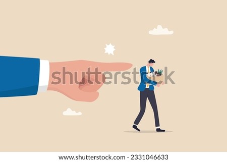 Fired employee, layoff or dismissal worker, misconduct or underperform staff, failure or trouble employment, jobless or unemployment concept, boss pointing finger to fires, layoff misconduct employee.