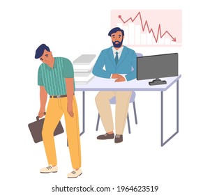 Empleado despedido saliendo de la oficina, ilustración vectorial plana. Despido, despido, desempleo, reducción del personal debido a problemas financieros.