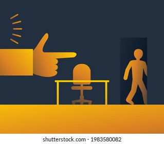 Fired Employee - Screaming Boss Shows Retired Worker To Exit Door. HR Concept. Vector Illustration