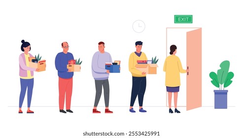 Fired employees leaving office. Job dismissal, dismiss office staff layoff businessman employee discharge group leave workplace work turnover quit door vector illustration original artwork