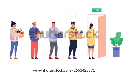 Fired employees leaving office. Job dismissal, dismiss office staff layoff businessman employee discharge group leave workplace work turnover quit door vector illustration original artwork