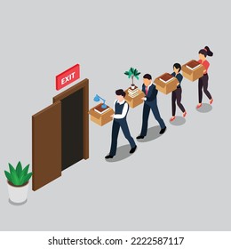 Fired employees walking out to an exit door isometric 3d vector illustration concept for banner, website, illustration, landing page, flyer, etc.