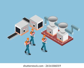 Fired Factory Workers Leaving Automated Industrial Plant 3d flat vector illustrations