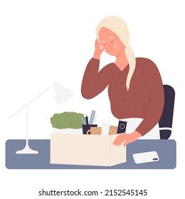 Fired female office employee crying. People dismissal, resigning and quitting job vector illustration