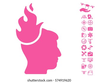 Fired Head icon with bonus aircopter tools pictures. Vector illustration style is flat iconic symbols on white background.