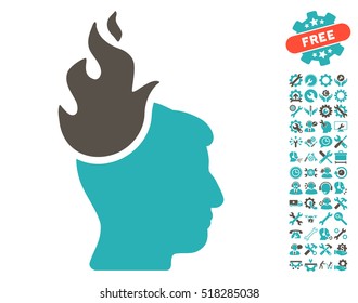 Fired Head icon with bonus setup tools pictures. Vector illustration style is flat iconic grey and cyan symbols on white background.