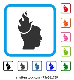 Fired Head icon. Flat grey pictogram symbol inside a light blue rounded rectangular frame. Black, gray, green, blue, red, orange color variants of Fired Head vector.
