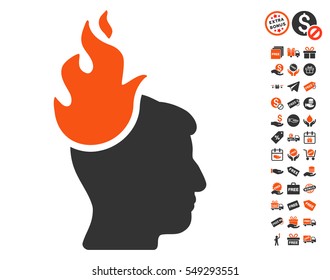 Fired Head icon with free bonus pictograph collection. Vector illustration style is flat iconic symbols, orange and gray colors, white background.