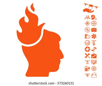 Fired Head pictograph with bonus nanocopter tools symbols. Vector illustration style is flat iconic symbols on white background.