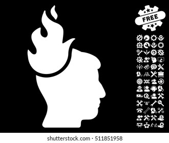 Fired Head pictograph with bonus setup tools graphic icons. Vector illustration style is flat iconic white symbols on black background.