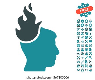 Fired Head pictograph with bonus setup tools pictures. Vector illustration style is flat iconic soft blue symbols on white background.
