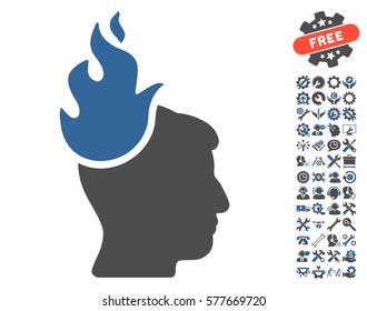 Fired Head pictograph with bonus setup tools pictograms. Vector illustration style is flat iconic cobalt and gray symbols on white background.