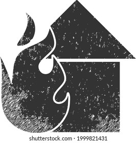 Fired house icon with scratched effect. Isolated vector fired house icon image with scratched rubber texture on a white background.