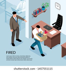 Fondo isométrico despedido con jefe expulsado del trabajo empleado despedido en ilustración vectorial del interior de la oficina