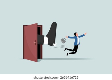 Fired from job, company lays off or underperforming employee, concept of business failure or mistake, angry big boss kicks fired entrepreneur employee out of office.