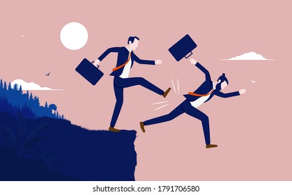 Fired from job - Manager kicking businessman off cliff. Demotion, laid-off and dismissed concept. Vector illustration.