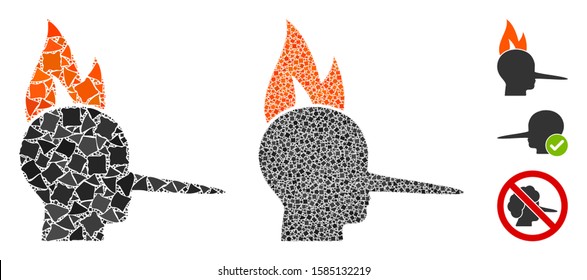 Fired liar icon composition of tuberous elements in different sizes and shades, based on fired liar icon. Vector tuberous pieces are grouped into collage. Fired liar icons collage with dotted pattern.