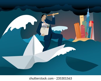 Fired and looking for new opportunities. A man with a box of his office belongings staying on a paper boat in the middle of a stormy ocean, looking through a spyglass at an island on the horizon.