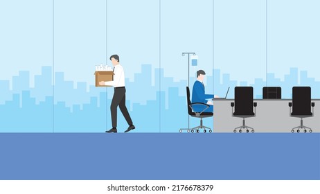 Fired And Losing A Job, Unemployment, Economic Financial Crisis, Jobless, Lay Off Concept. An Employee Holds A Box Leaving A Office Meeting Room. Sick Boss Working By Saline Solution Medical Drip Bag.