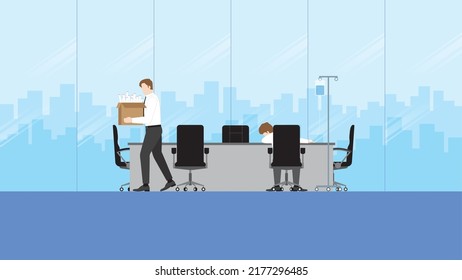 Fired And Losing A Job, Unemployment, Economic And Financial Crisis, Jobless, Lay Off Concept. An Employee Holds A Box Leaving An Office Meeting Room. Sick Working By Saline Solution Medical Drip Bag.