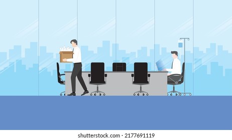 Fired And Losing A Job, Unemployment, Economic And Financial Crisis, Jobless, Lay Off Concept. An Employee Holds A Box Leaving An Office Meeting Room. Sick Working By Saline Solution Medical Drip Bag.