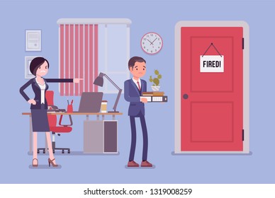 Fired man and angry female boss. Manager removing boy, showing incompetent worker the door, dismisses male employee from a job, guy leaving office workplace with personal things. Vector illustration