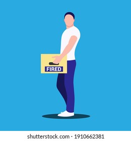 Fired man with a box in his hands. Loss of work in a crisis, layoff, dismissal. vector character in modern flat style. 