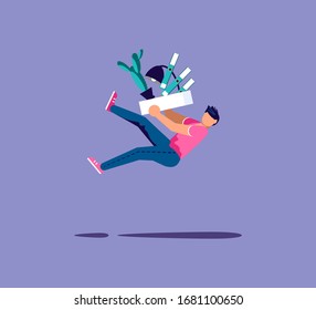 Fired man falling off with box with his things. Metaphor for staff reductions and layoffs. Isolated on purple. Flat Art Vector Illustration