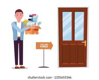 Fired man goes to exit door. incompetent worker going to the door, dismisses male employee from job, guy leaving office workplace. Dismissed man with cardboard box . Vector flat cartoon illustration