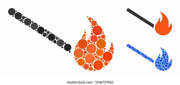 Fired match composition of spheric dots in various sizes and shades, based on fired match icon. Vector dots are composed into blue composition. Dotted fired match icon in usual and blue versions.