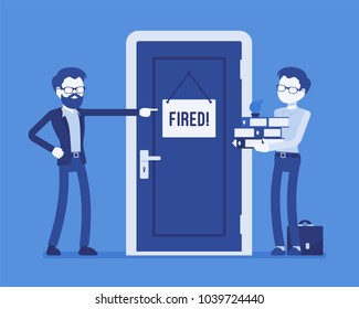 Fired office worker and boss. Young employee dismissed from job by angry manager, discharged for bad work, misconduct, unable to save professional career. Vector illustration with faceless characters