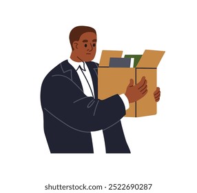 Despedido trabajador de oficina llevando caja, dejando el trabajo después de la pérdida del trabajo, despido. Triste empleado, reduciendo el tamaño. Crisis de carrera, concepto de despido. Ilustración vectorial gráfica plana aislada sobre fondo blanco